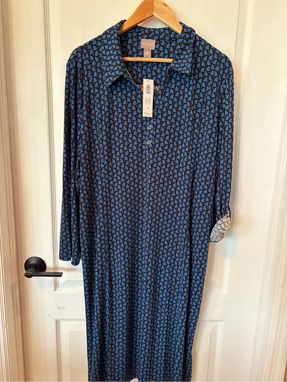 Chicos Blue Patterned 3/4 Sleeve Collared Midi Dress